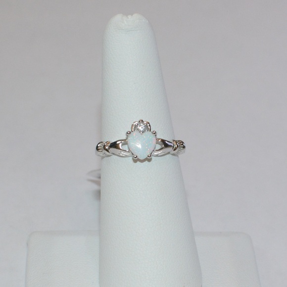 .925 Sterling Silver White Opal Claddagh Ring - Picture 5 of 6